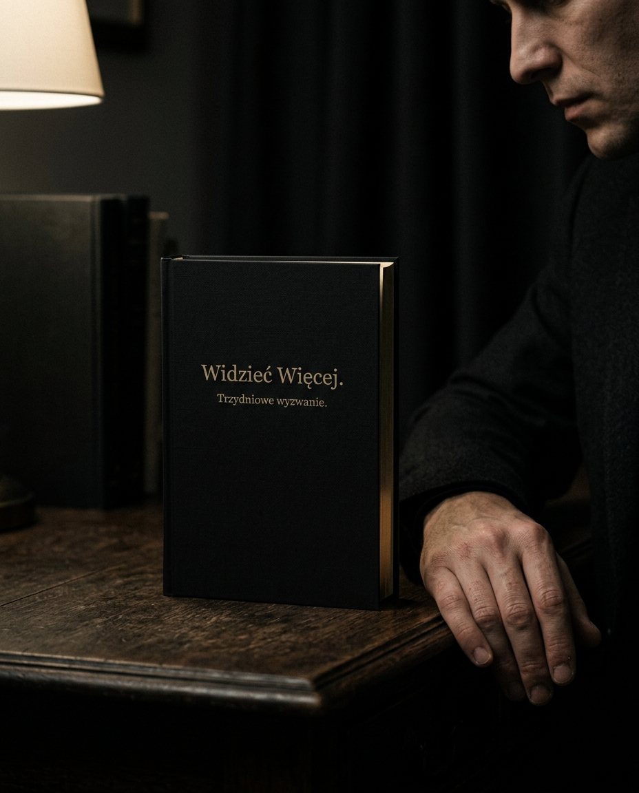Ciemne biurko przy lampie, na nim książka „Widzieć Więcej. Trzydniowe wyzwanie”, obok oparta dłoń