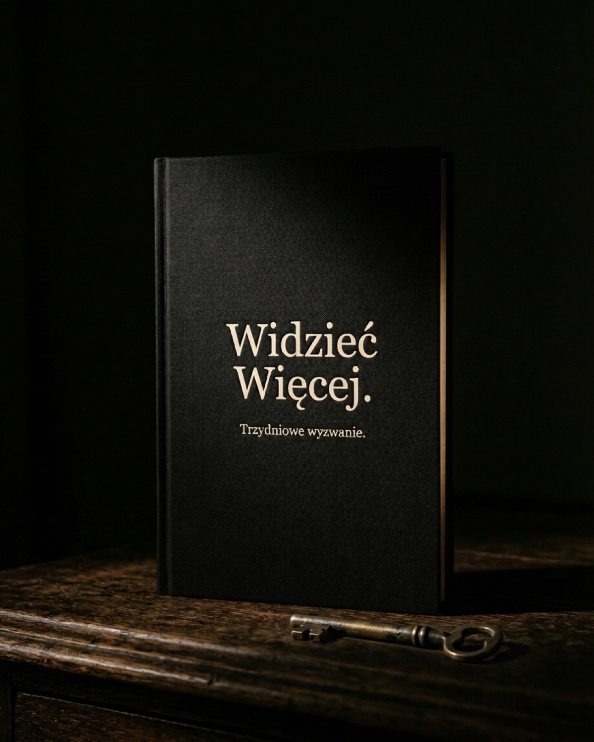 Czarna książka ze złotym napisem „Widzieć Więcej. Trzydniowe wyzwanie” na drewnianym blacie, obok stary klucz